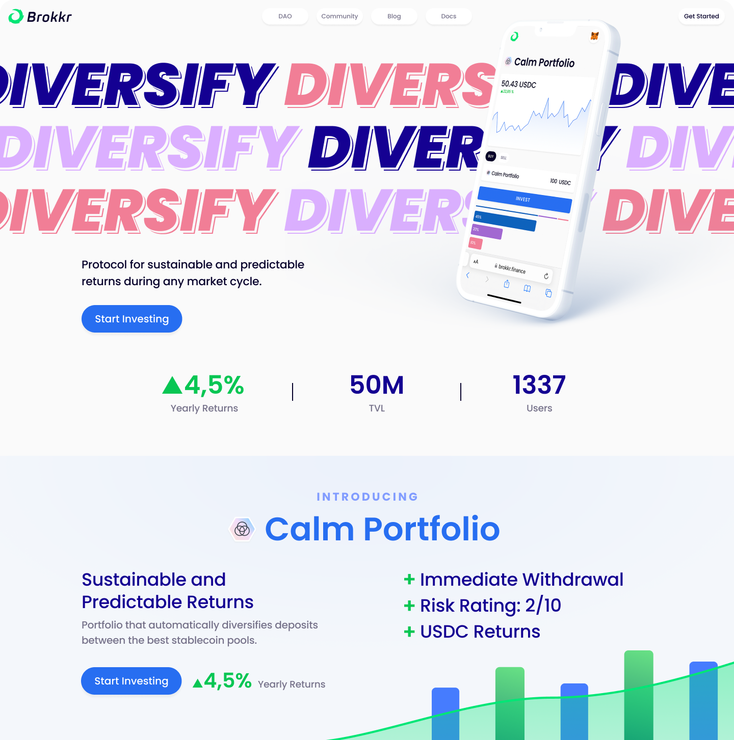 Original Brokkr landing-page design, with oversized Diversify typography, a mobile product mockup and the Calm portfolio introduction.