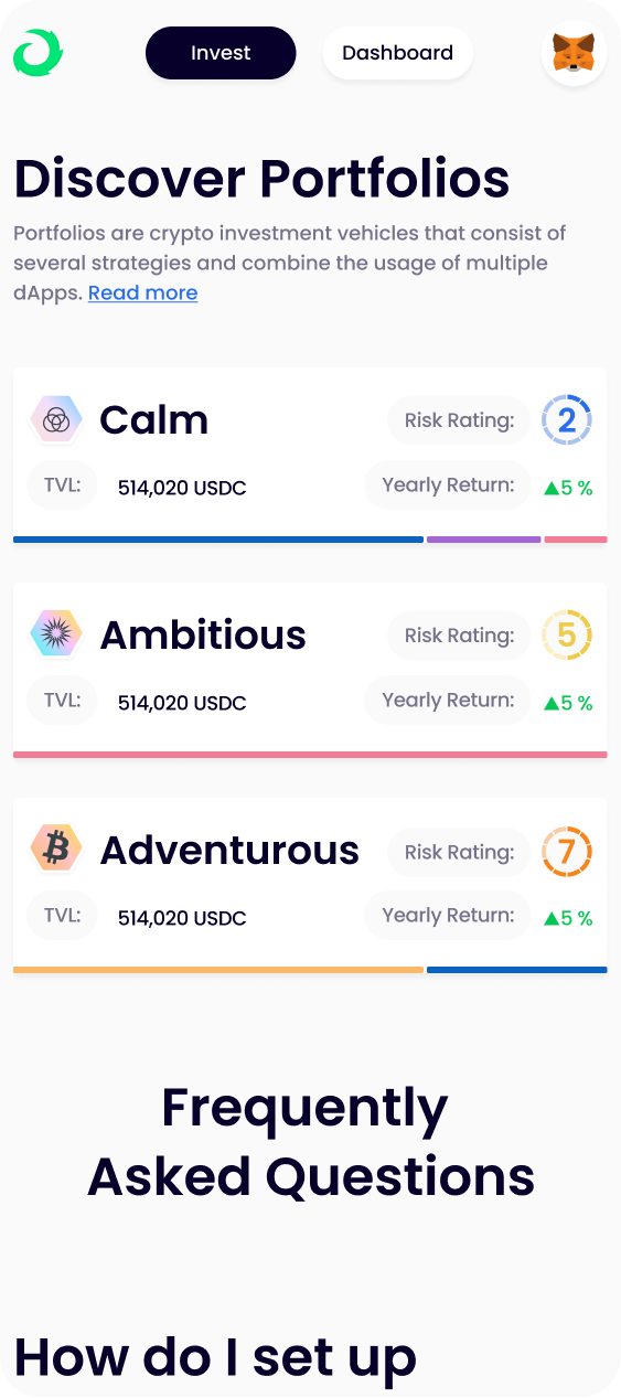 Mobile portfolio-discovery design with Calm, Ambitious and Adventurous cards showing risk ratings and portfolio information.