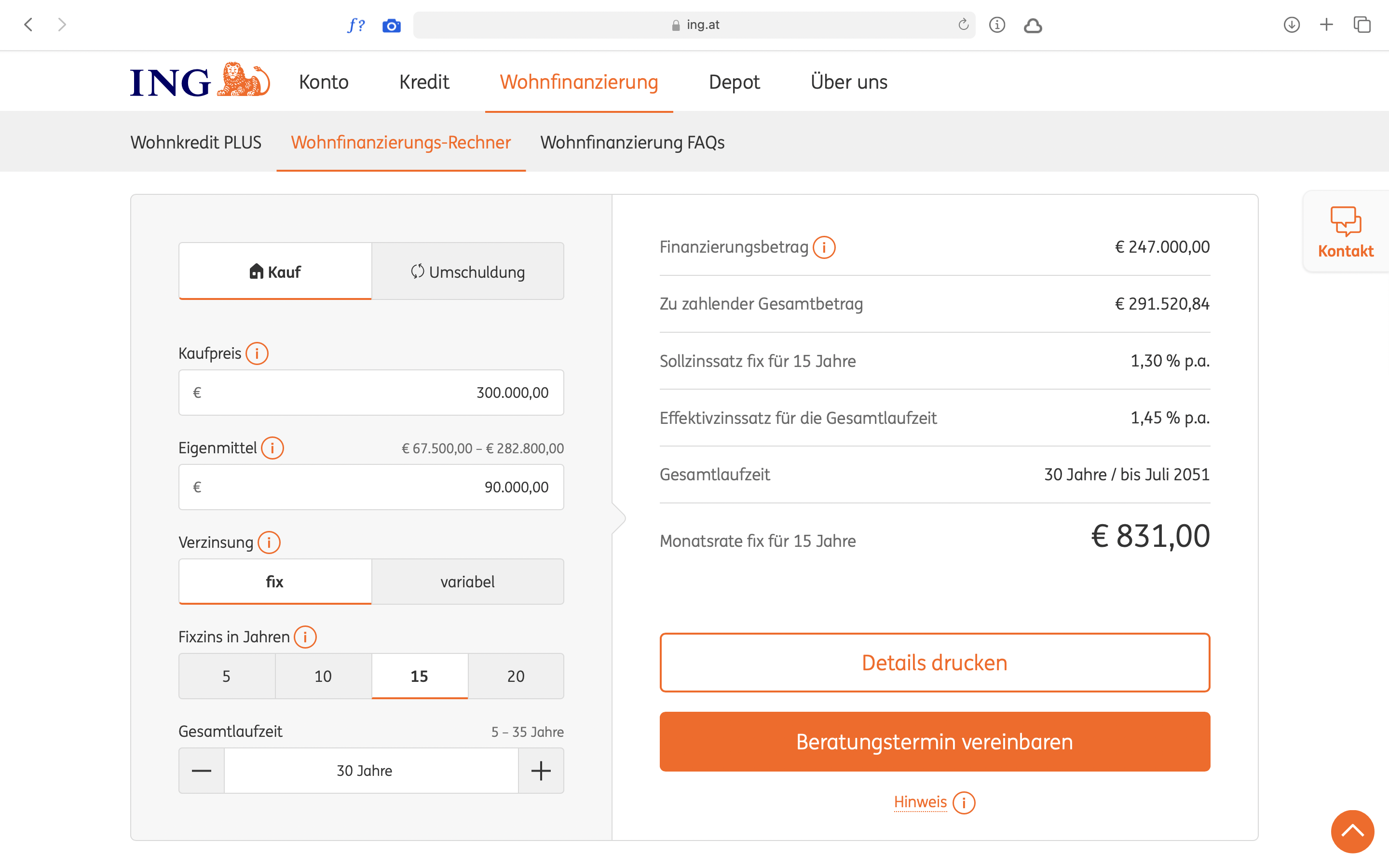 ING housing-finance calculator, with loan inputs on the left and financing amount, rates and monthly repayment on the right.