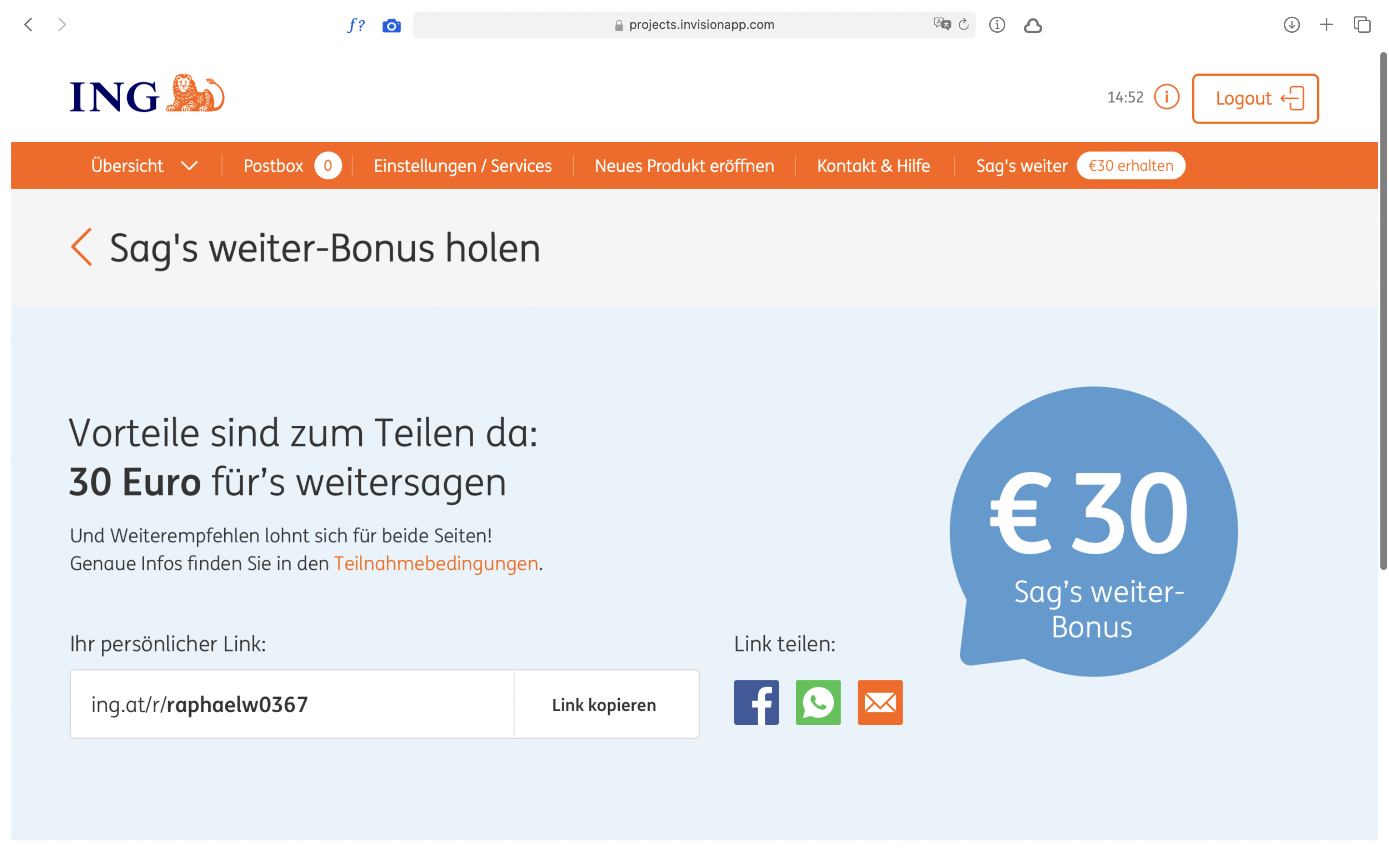 Signed-in referral prototype showing a personal referral URL, a copy-link action and social and email sharing options.