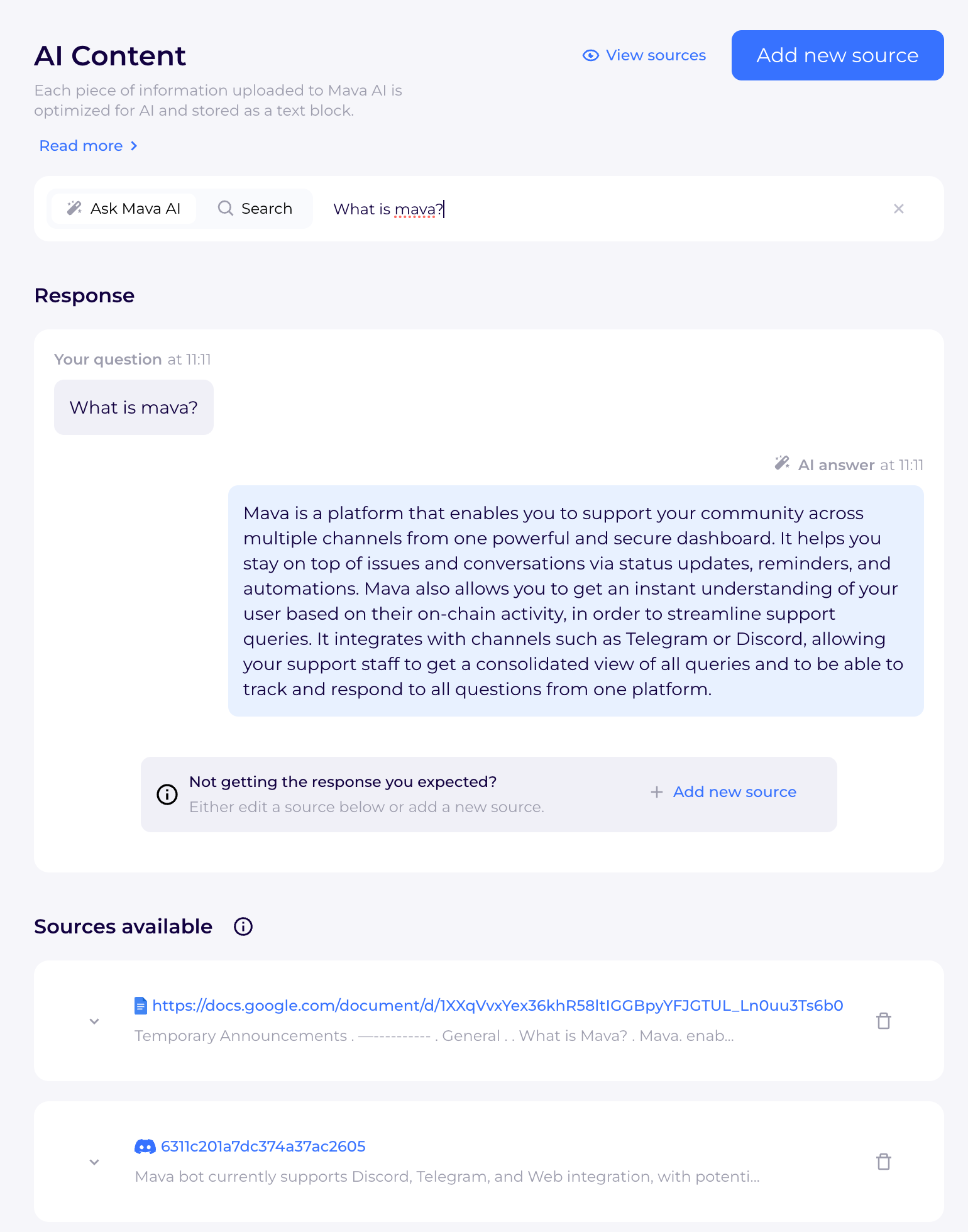 Mava AI testing view showing a question and response, available Google Docs and Discord sources, and actions to add or edit source information.