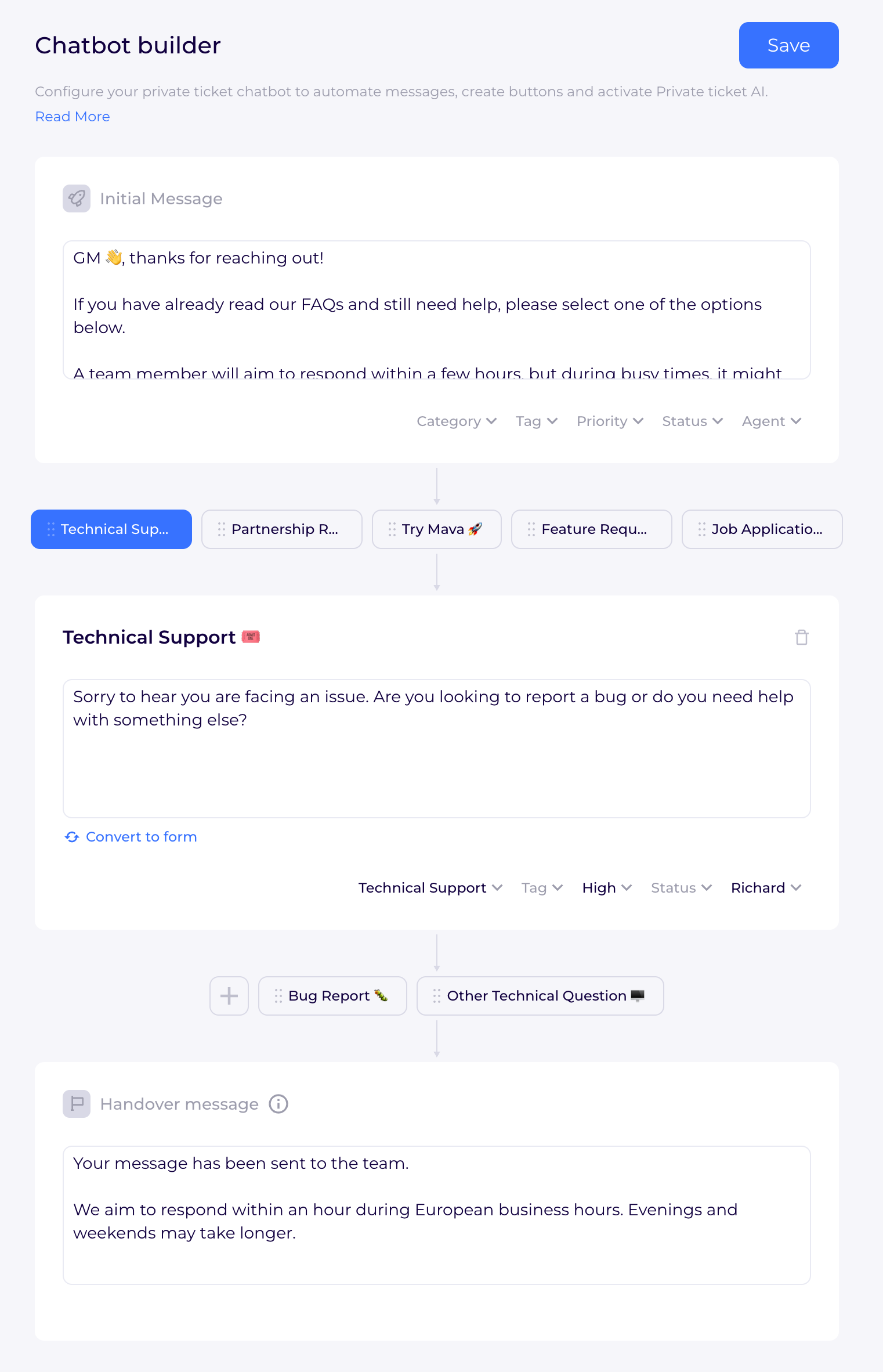 Mava chatbot builder showing a welcome message, branching support options, agent assignment and a handover message.