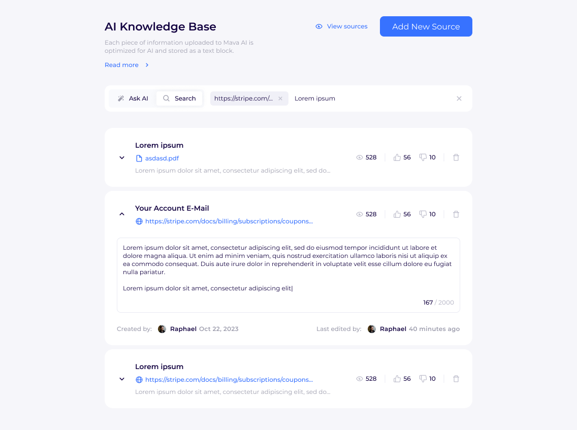 Mava knowledge-content editor with searchable source blocks, an expanded text field, and creator and last-editor information.