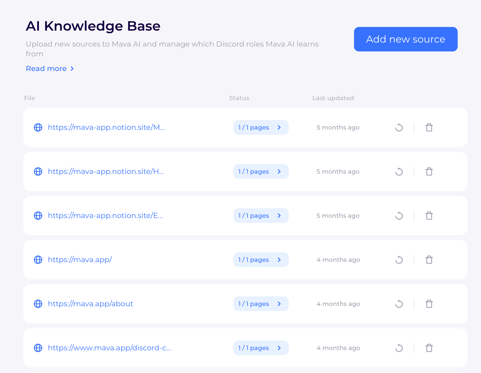 Mava knowledge-source list showing website entries, page counts, last-updated information and refresh controls.