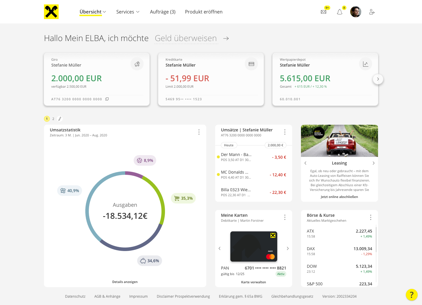 2021 Mein ELBA redesign, with product cards across the top and spending, transactions and services arranged below.