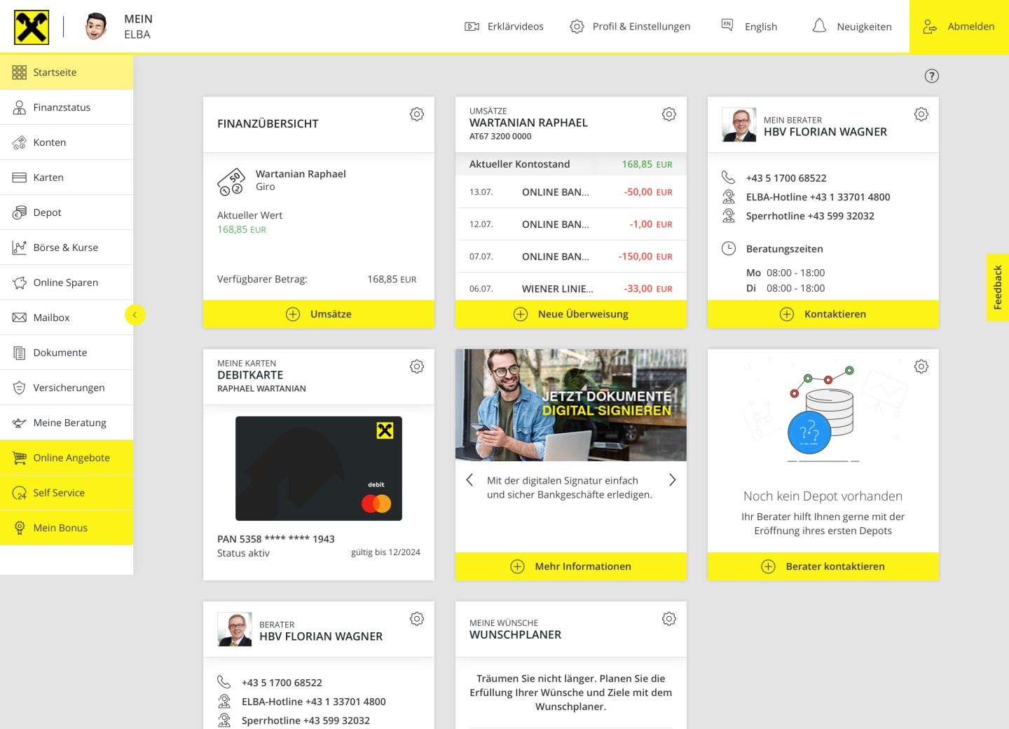 Previous Mein ELBA dashboard, with a left-hand navigation and a dense grid of account, contact and promotional panels.