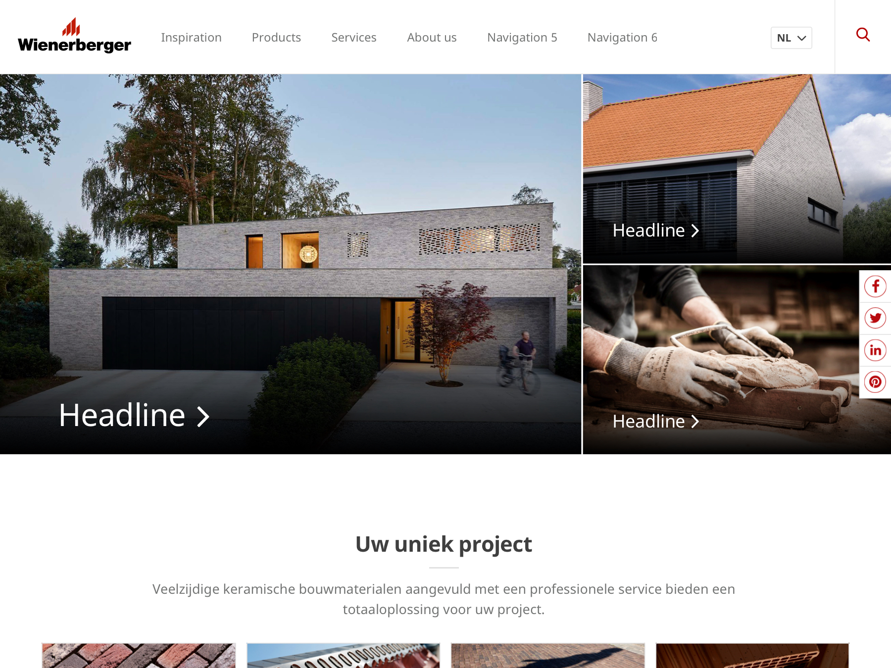 Wienerberger homepage pitch with a large architectural photograph, two smaller image tiles, navigation and a country selector.